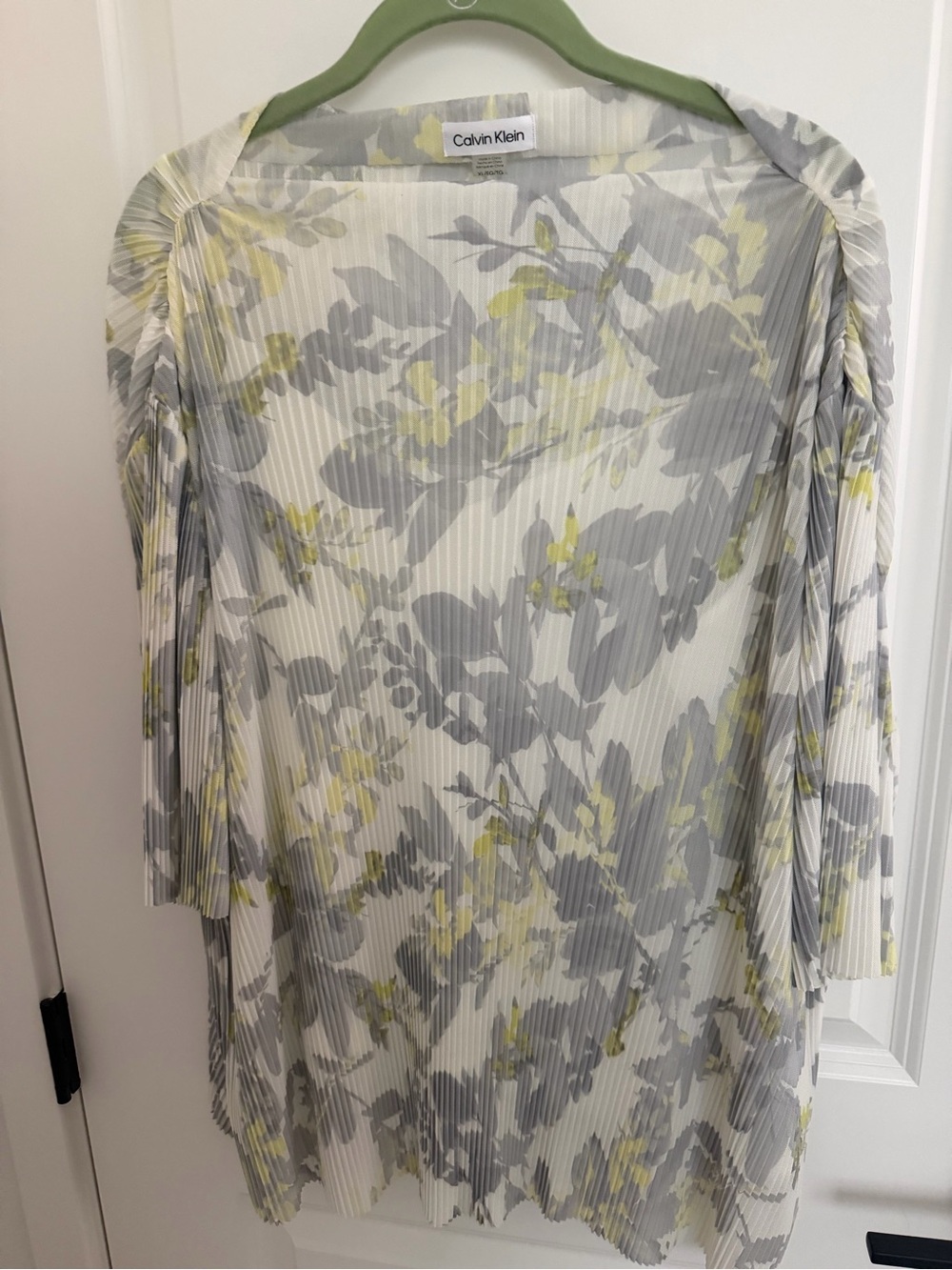 Calvin Klein Sheer Pleated Floral Tunic — White, Gray & Yellow